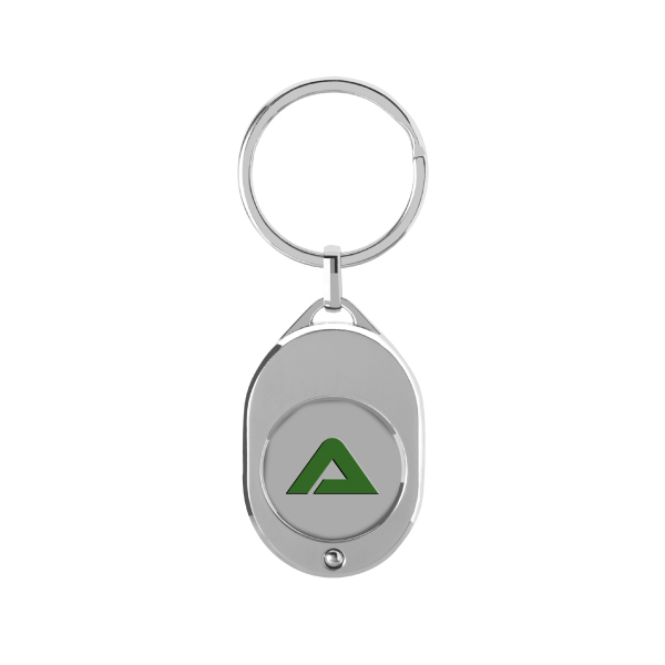 The Front Side Of Oval Shaped Shopping Cart Coin Keychain