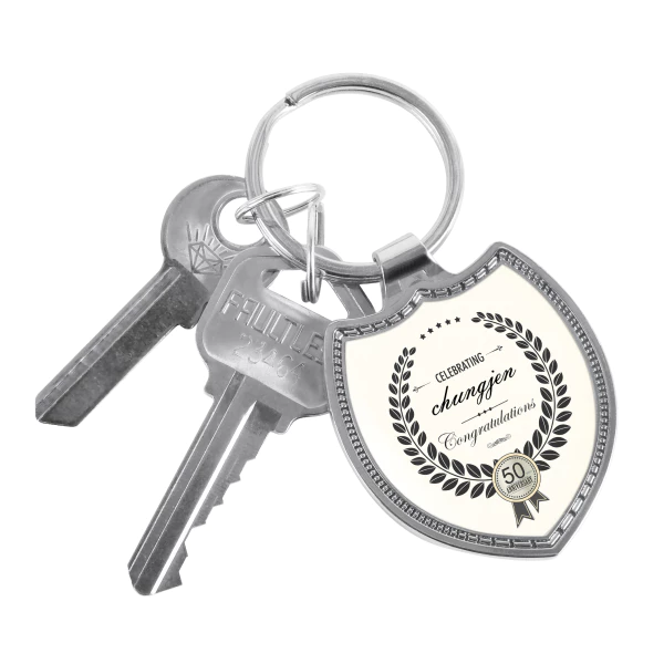 Shield Shaped Keychain With Embossed Border Combinig With Keys