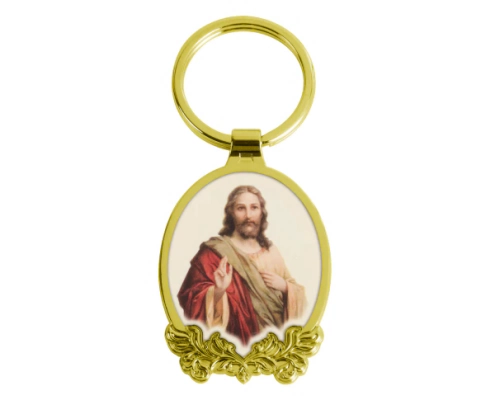 The Front Side Of Oval Shaped Metal Keychain With Decorative Border