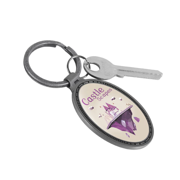 Vertically Oriented Oval Keychain With Embossed Border Combinig With Keys