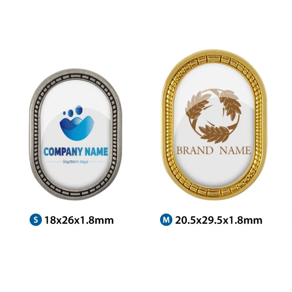 Different Sizes Of Custom Capsule Shaped Badge With Decorative Edges